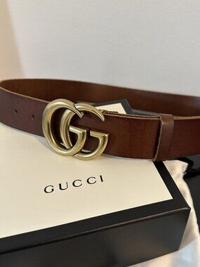 Gucci Brown Leather Belt with Gold Double G Buckle